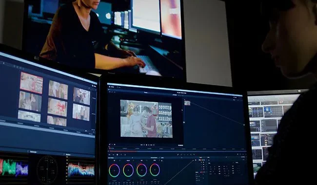 Praca przy monitorach podczas postprodukcji i korekcji barwnej w AMA