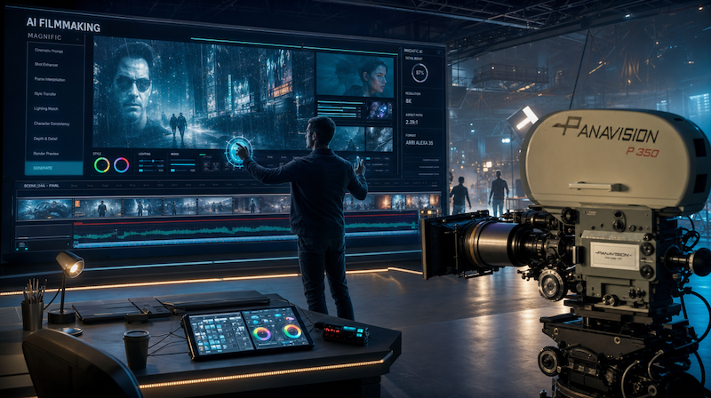 A man in front of a large screen showing a movie. AI and an interface like Magnific; behind him in the studio is a large film camera shooting on 35 mm Panavision film stock